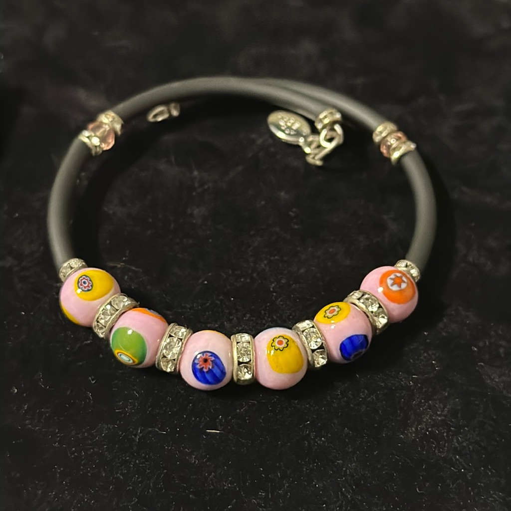 Murano Glass Memory Wire Bracelet-Black Tutti-Frutti